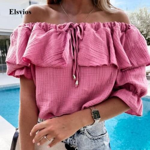 Elegant Fashion Women Ruffle Shirt Lady Summer Casual Tie-Up Drawstring Tops Blusa Sexy Off Shoulder Blouse Pullover Streetwear