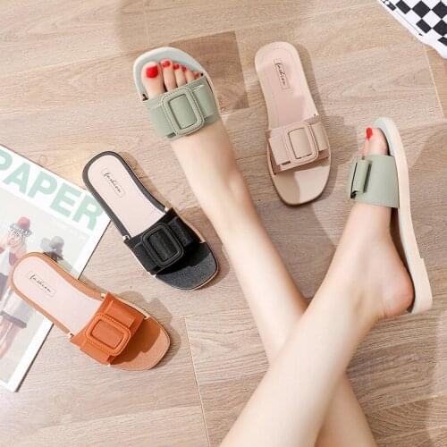 Women Slippers Flat Shoes Ladies Square Fashion Buckle Comfortable Beach Outdoor Slides Summer New Slip-on Soft Woman Sandals