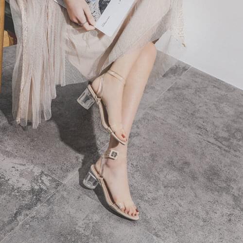 Transparent PVC Sandals Women One-character Buckle Thick Heel Open Toe Sandals Female Crystal Heel Round High Heels Shoes