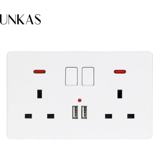 UNKAS Wall Power Socket Double 146mm*86mm White ColorUK Standard Outlet Switched 2.1A Dual USB Charger Port LED indicator