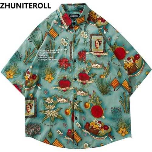 Retro Flowers Print Vintage Hawaiian Shirts Hip Hop Embroidery Shirt Streetwear Harajuku Beach Holiday Button Short Sleeve Tops