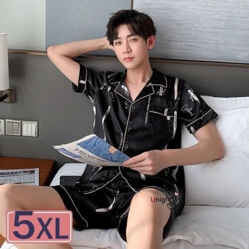 M-5XL Mens Home Clothes Nightwear Black Loungewear Mens 4x Satin Pajama Short Set Silk Men Pijamas 2pcs Plus Size Short Sets