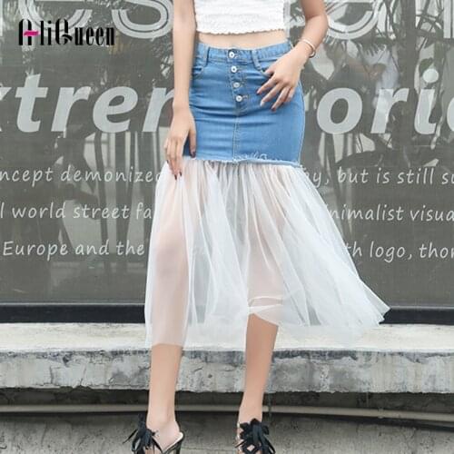 Spring Summer Women Korean Vintage Denim Skirt Female Single-breasted High Waist Stitching Lace Net Yarn Buttocks Mermaid Skirt