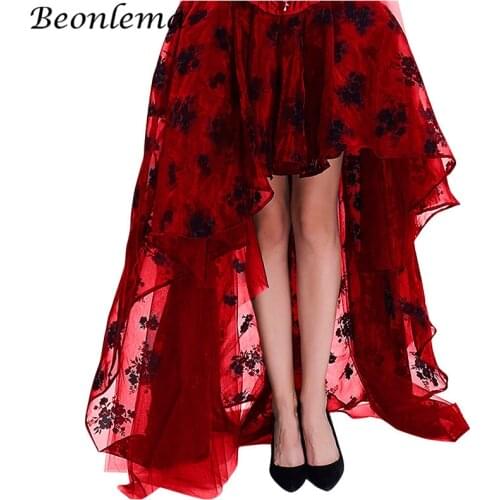 Beonlema Floor Length Mesh Skirt Sexy Red Long Maxi Skirts Women 6XL High Low Elastic Skirt Floral Tulle Dancing Corset Matching
