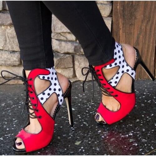 New Arrivals 2019 Red White Wavy Spots Sandals Women Cut-out Peep Toe Lace-up Hollow Thin Heels Summer Dress Shoes Plus Size 43
