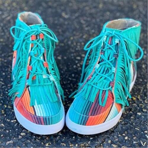 Women Tassel Stripe Ankle Boots 2020 Womens Sewing Warm Woman Flats Female Shoe Ladies Casual Boots Botas Footwear Plus Size 43