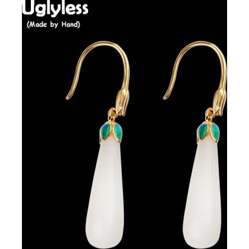 Uglyless Natural Jade Water Drop Minimalism Earrings for Women Enamel Vintage Gemstone Earrings 925 Silver Brincos Jewelry E1916