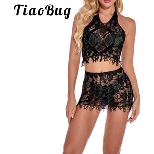 Womens See-through Mesh Erotic Lingerie Set Fringed Hollow Out Two-piece Underwear Nightwear Halter Neck Crop Top with Skirt