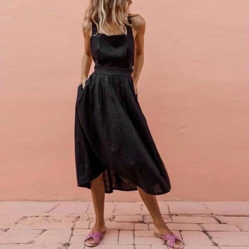Women Bohemian Backless Bandage Mid Dress Sleeveless Square Collar Black Color Summer Beach Dress 2021 New Fashion Women Dress