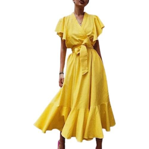 Ruffle Short Sleeve Maxi Dress High Waist Women Ruffle Large Hem V-neck Lacing Dress Sundress