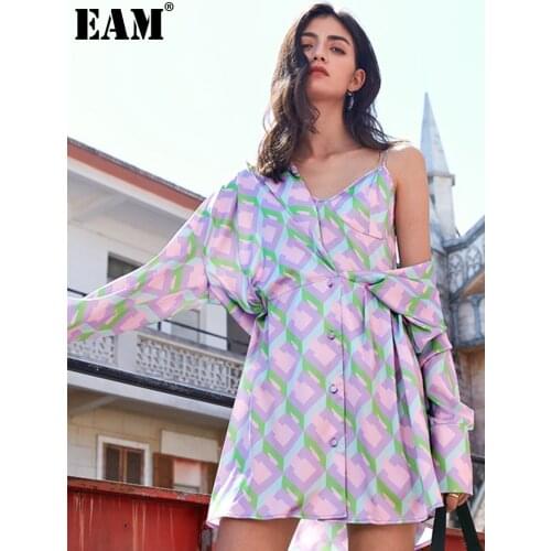 [EAM] Women Purple Pattern Printed Split Big Size Dress New Lapel Long Sleeve Loose Fit Fashion Spring Summer 2021 1U689