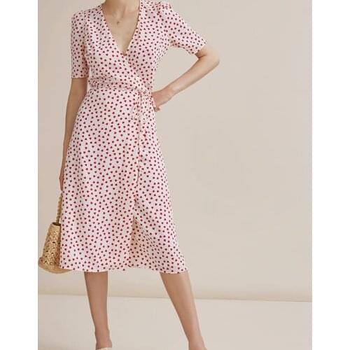 Womens V-neck Wrap Dress Printed Short Sleeve Side Split Lace-up Casual Soft Midi Dress for Holiday