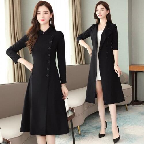 2021 Vintage Black Office Lady Midi Dresses Autumn Winter Plus Size Solid Long Sleeve Dress Elegant Women Bodycon Party Vestidos