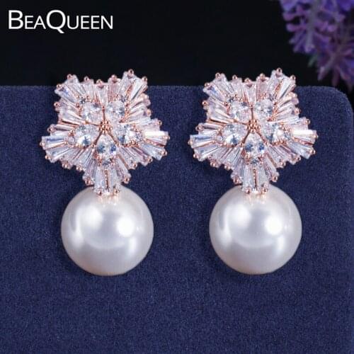 BeaQueen Elegant Rose Gold Color Snowflake Flower Cubic Zirconia Big Round Pearl Stud Earrings Fashion Jewelry for Women E026