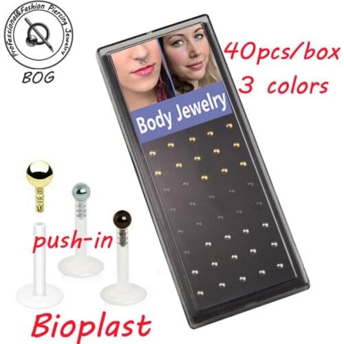 BOG-Lot 40 Pcs Bioplast Flexible Push-in Labret Lip Stud with Press Fit Steel Ball 16G Body Piercing Jewelry