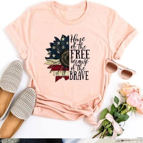 Home of The Free Because of The Brave Sublimation Tees Women Sunflower USA 2021 4th of July Tshirt Independence Day Tops