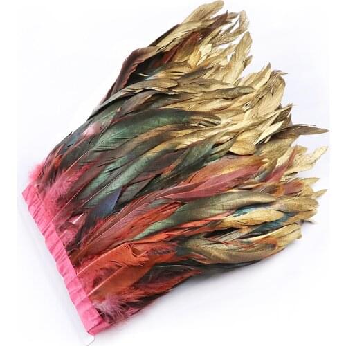 Dipped Gold Natural Rooster Feather Fringe Trims Height 6-8" Black Feathers Ribbon for Dress Carnival Clothing Decoration Fabric