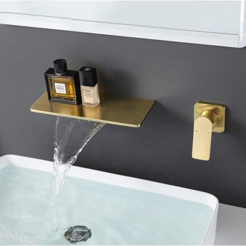 Brushed Gold Brass Basin Faucet Waterfall Output Hot And Cold Water Wall Mount Split Independent Switch Basin Faucet