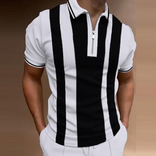 2021 Summer Mens Slim Polo Shirt Fashion Striped Patchwork Short Sleeve Tops For Men Casual Turn-down Collar Zip-up Polo Shirts