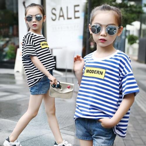 2020 New Summer Korean big virgin round neck T-shirt girls fashion stripe T-shirt children print sleeved T-shirt