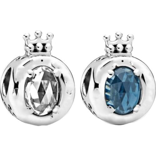 2020 NEW Real 925 Sterling Silver Sparkling Crown O Charm Fit pandora Bracelet Blue crystal Crown Charm Bead DIY Jewelry