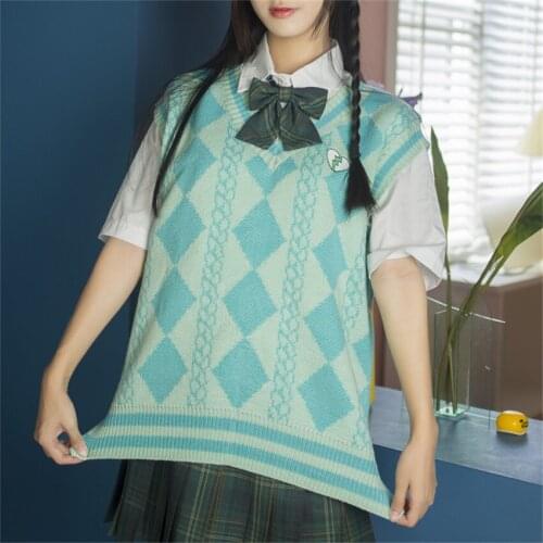 Autumn Winter Preppy Style Argyle Sweater Vest Women Vintage Knitted Sweater Coat Oversized Waistcoat Sleeveless Chaleco Mujer