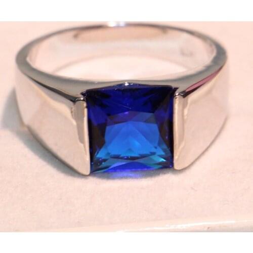 Solitaire Fashion Jewelry 925 Sterling Silver Princess Cut Blue 5A Cubic Zirconia Square CZ Office Men Wedding Band Ring Gift
