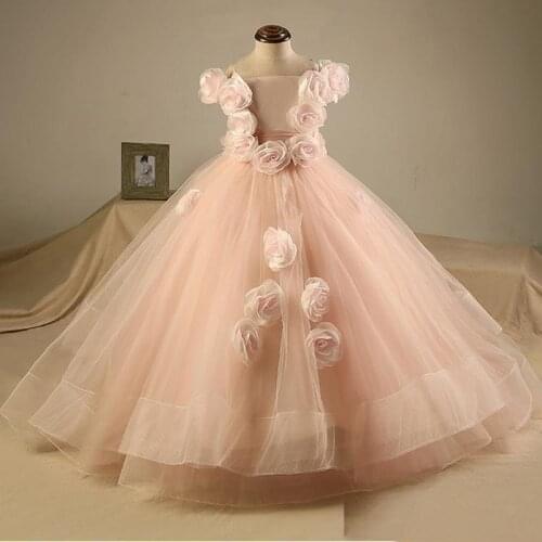 Lovely Pink Handmade Flowers Girl Dress for Wedding Real Image Toddle Pageant Birthday Ball Gowns