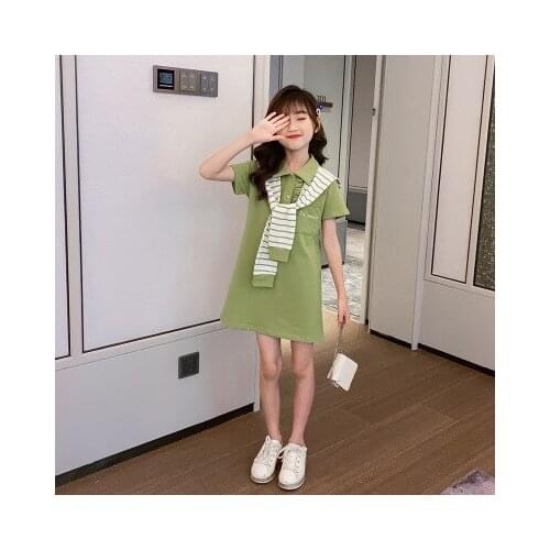 Explosion models 5-10 years old girl baby shawl dress summer new small fresh fashion lapel short sleeve tide ride girl dress