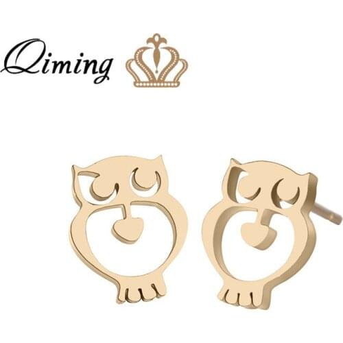 QIMING Night Owl Cute Earrings For Girls Children Women Gift Vintage Jewelry Golden Stud Earrings Dropshipping