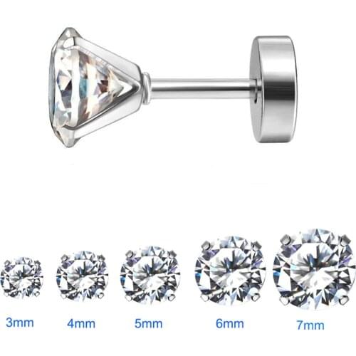 1 Pair Steel/Gold Stud Earrings For Women/Men Zircon Ear Piercing Studs 316L Surgical Steel Jewelry 3mm-7mm