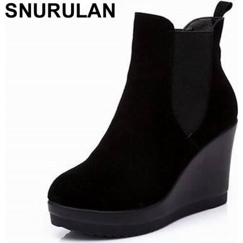 SNURULAN Genuine Leather Ankle Heel Boots antumn/winter Style Ankle Boots For Women Martin Boots Wedges Boot Womens Shoes E057