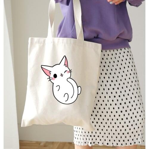 Female Canvas Beach Bag Black Cute Cartoon Cat Printed Casual Tote Women Handbag Daily Use Shoulder Shopping Bags