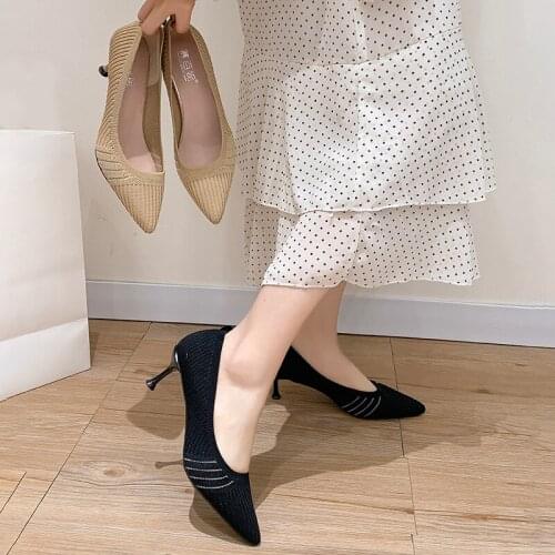 Women Thin High Heels Shoes Woman 2020 Flock Pointed Toe Heels Female Office Lady Elegant Sandals Wedding Pumps Plus U22-45