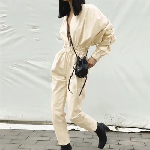 Foridol deep v neck jumpsuits women batwing sleeve streetstyle overalls autumn winter long sleeve runway casual jumpsuits