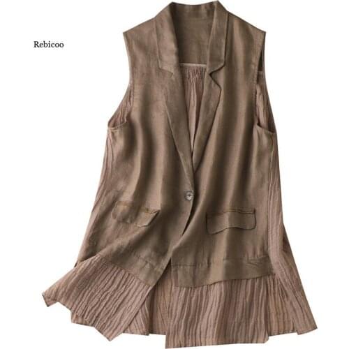 Women Summer Tank Tops with Sleeveless Linen Summer High Street Patchwork Ruffles Turn-Down Collar Jacket
