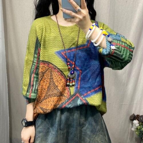 Women Casual Graphic Crew Neck Loose Long Sleeve Soft Knitted Pullover Printed Elegant Fashion Sweater 2021 Autumn Girl Knitted