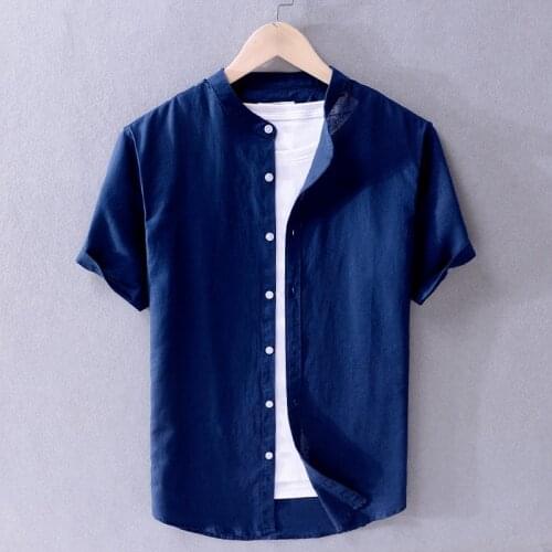 2019 Summer Shirts Men Pure Cotton Linen Shorts Sleeve Slim Fit Stand Collar Tops Brand Clothing