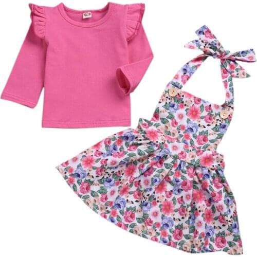 2020 Newborn Infant Kids Babys Set T-Shirt Floral Suspender Skirt Girls Solid Color Long Sleeve Outfits Set Two Piece