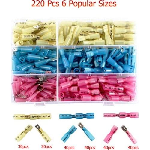 220pcs Wire Spade Connectors Waterproof Heat Shrink Fully-Insulated Female Male Spade Terminals Electrical Crimp Connector Kit