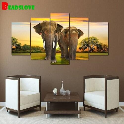5pcs Diamond Painting Africa Elephants Landscape Group Diamond Cross Stitch Embroidery Full Round Square Drill Diamond