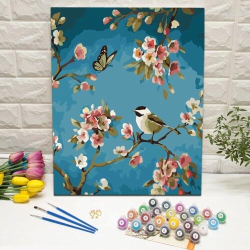 Framed Flower With Bird Oil Painting by Number Hand Painted Canvas Wall Art For Living Room Decoration Wall Art 40x50cm