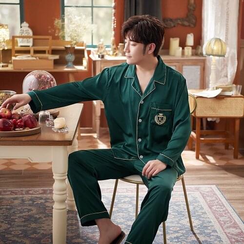 Men Green Pajamas Set Satin Silky 2PCS Sleepwear Long Sleeve Shirt&Pants Male Casual Sleep Set Spring New Pyjamas Suit Homewear