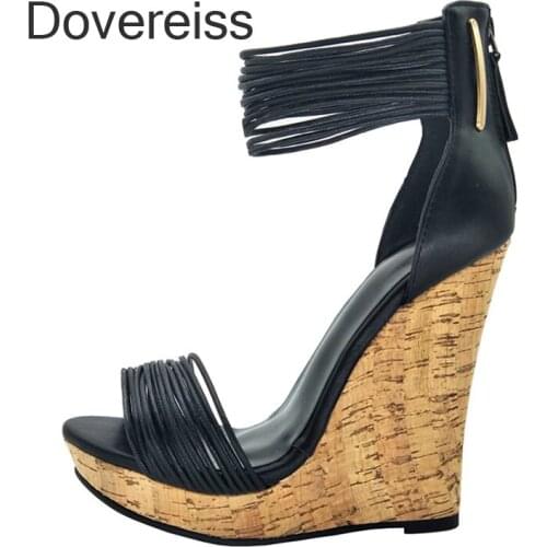 Dovereiss Fashion Womens Shoes Summer Back Zipper Wedges Platform Sexy Narrow Band New Pure Color Consice Sandals 40 41 42 43