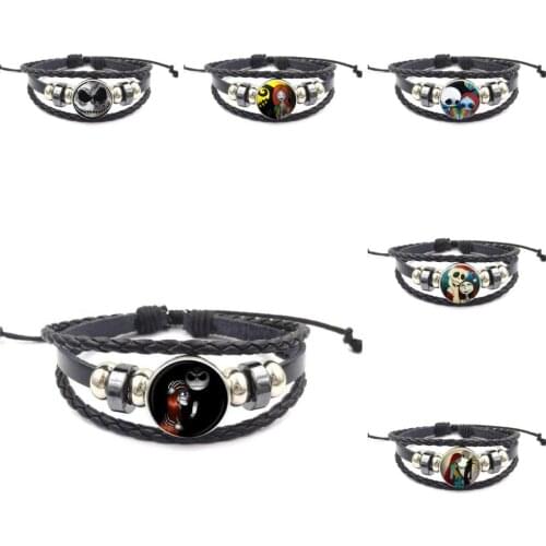 EJ Glaze For Kids Beads Jack and Sally Glass Cabochon Black Leather Bracelet Bangle