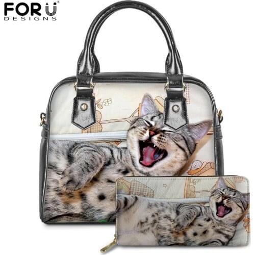 FORUDESIGNS Ladies Cute Cats Brand Design Casual Party Tops PU Leather Handle Handbag&Purse Sets Ladys Daily Totes Hand Bag