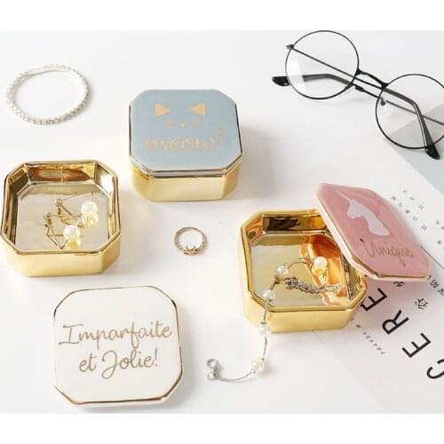 Glod Unicorn Cat Ceramic Jewelry Box Storage Boxes Bins Ring Earrings Necklace Box Case Wedding Decor Bead Storage Packaging