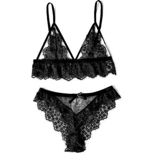 Women Lingerie Set Floral Hollowed Out Deep V-neck Backless Bra Elastic Waist Panties