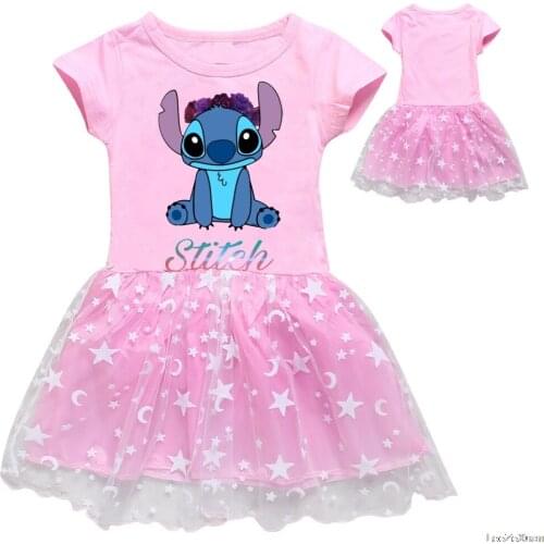 Disney Summer Stitch Girl Cotton T Shirt + Print +bag Gauze Patchwork Dress Children Girl Home Party Casual Clothes Dresses