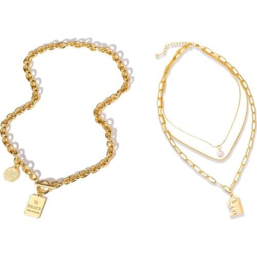 2021 Fashion Retro Golden Alloy Multilayer Geometric Pearl Portrait Coin Rectangular Pendant Necklace Mens and Womens Jewelry